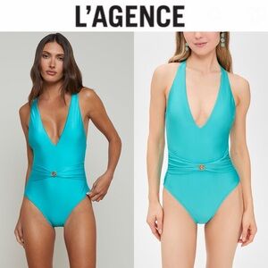 L’AGENCE Lisa Plunge One-Piece Blue Teal Aqua Swimsuit M $235 NWT